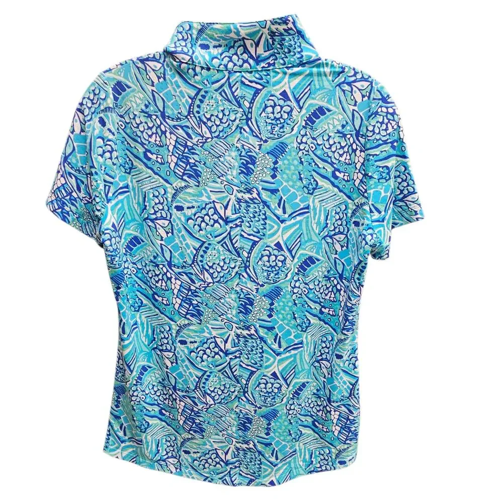 IBKUL Krista Blue Turquoise Short Sleeve Mock Neck 1/4 Zip Golf Tennis Shirt S